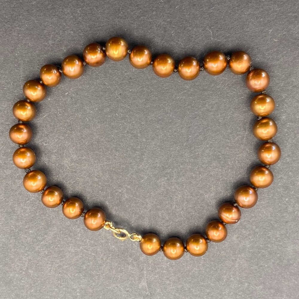 14K Gold 8.86 Gm 7.25" Solid Yellow Gold 6mm Bronze Brown Pearl Strand Bracelet
